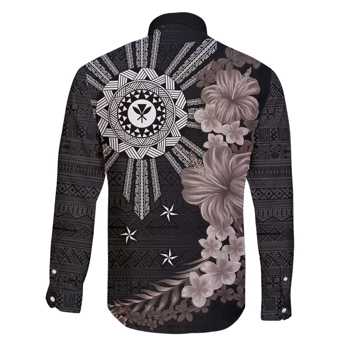 Hawaii and Philippines Together Family Matching Off The Shoulder Long Sleeve Dress and Hawaiian Shirt Hibiscus Flower and Sun Badge Polynesian Pattern Grayscale