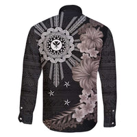 Hawaii and Philippines Together Family Matching Off The Shoulder Long Sleeve Dress and Hawaiian Shirt Hibiscus Flower and Sun Badge Polynesian Pattern Grayscale