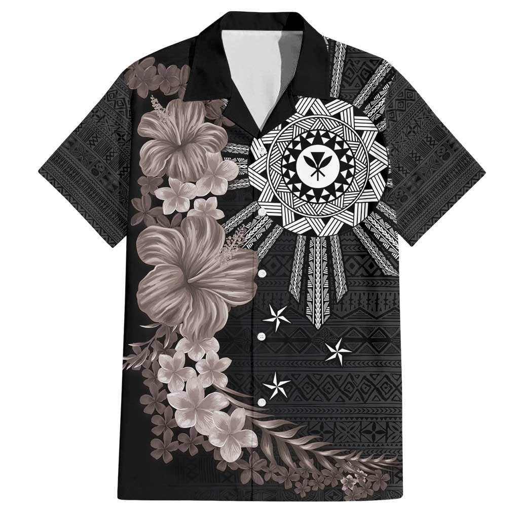 Hawaii and Philippines Together Family Matching Off Shoulder Maxi Dress and Hawaiian Shirt Hibiscus Flower and Sun Badge Polynesian Pattern Grayscale
