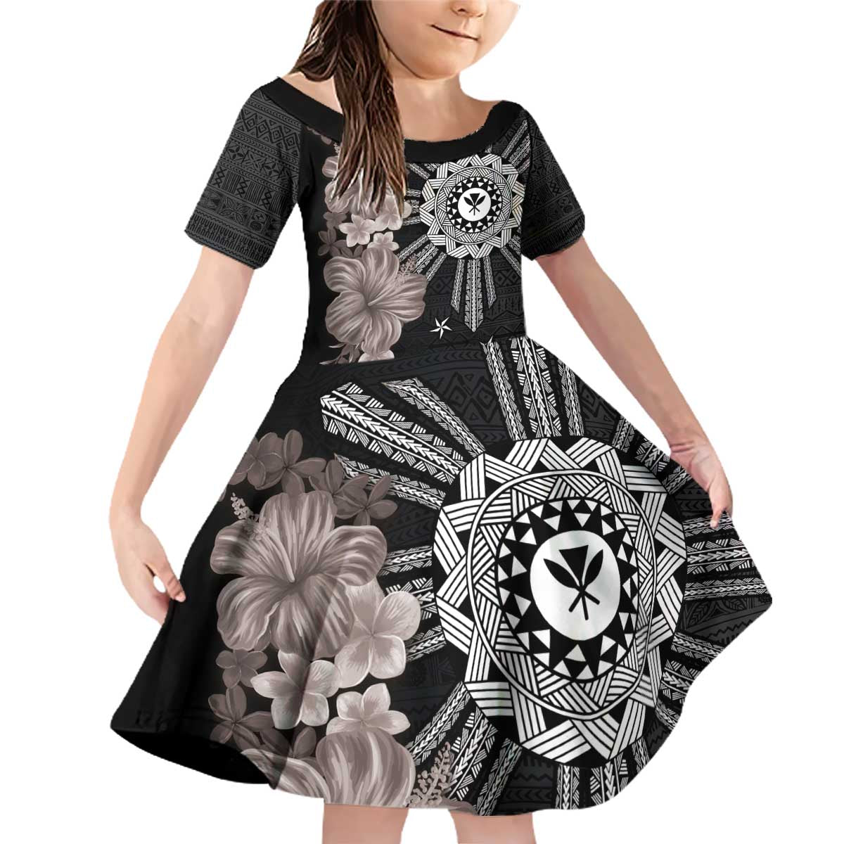 Hawaii and Philippines Together Family Matching Off Shoulder Short Dress and Hawaiian Shirt Hibiscus Flower and Sun Badge Polynesian Pattern Grayscale