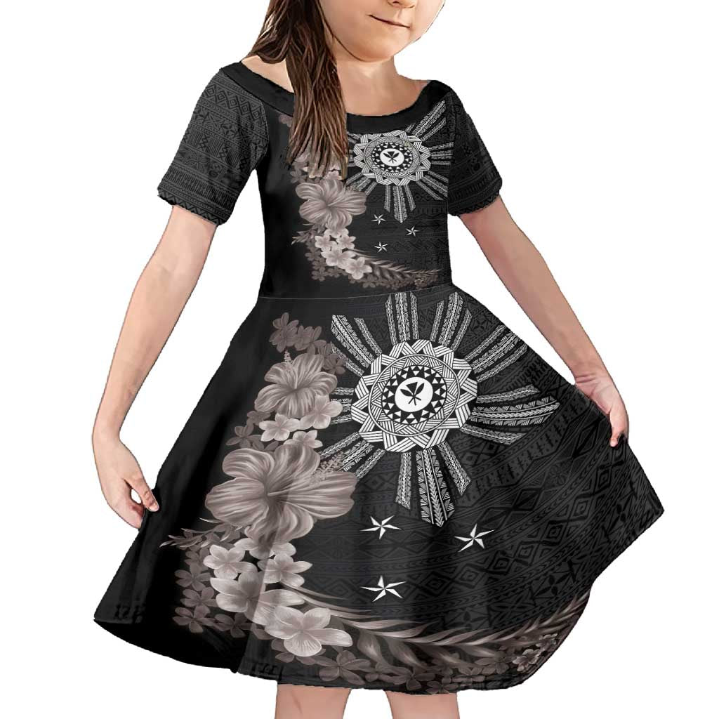 Hawaii and Philippines Together Family Matching Summer Maxi Dress and Hawaiian Shirt Hibiscus Flower and Sun Badge Polynesian Pattern Grayscale