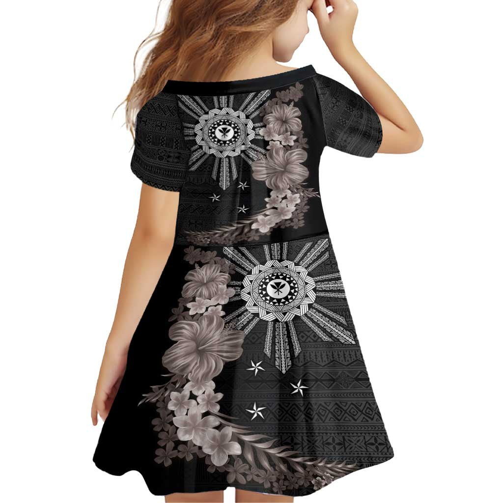 Hawaii and Philippines Together Family Matching Summer Maxi Dress and Hawaiian Shirt Hibiscus Flower and Sun Badge Polynesian Pattern Grayscale