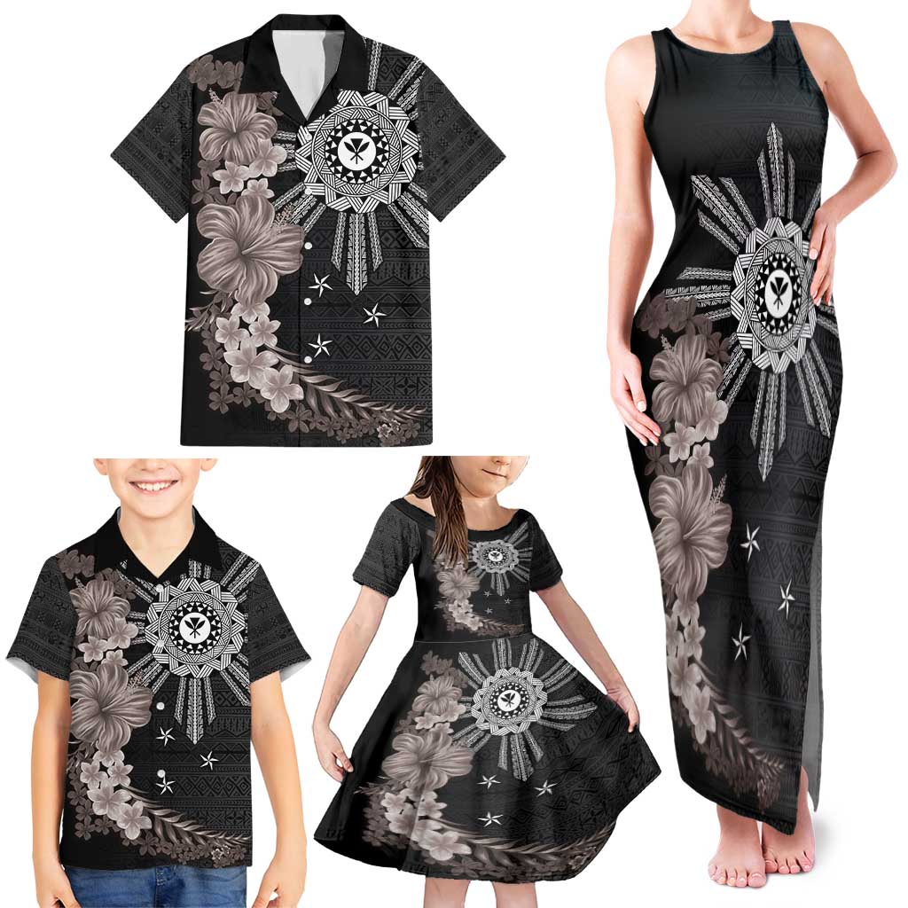 Hawaii and Philippines Together Family Matching Tank Maxi Dress and Hawaiian Shirt Hibiscus Flower and Sun Badge Polynesian Pattern Grayscale