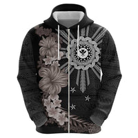 Hawaii and Philippines Together Hoodie Hibiscus Flower and Sun Badge Polynesian Pattern Grayscale