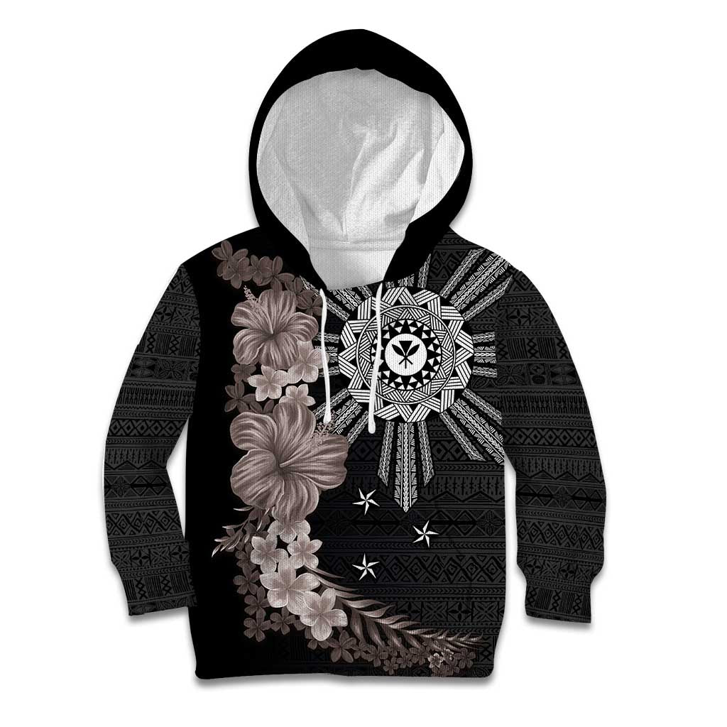 Hawaii and Philippines Together Kid Hoodie Hibiscus Flower and Sun Badge Polynesian Pattern Grayscale LT03 Hoodie Black - Polynesian Pride