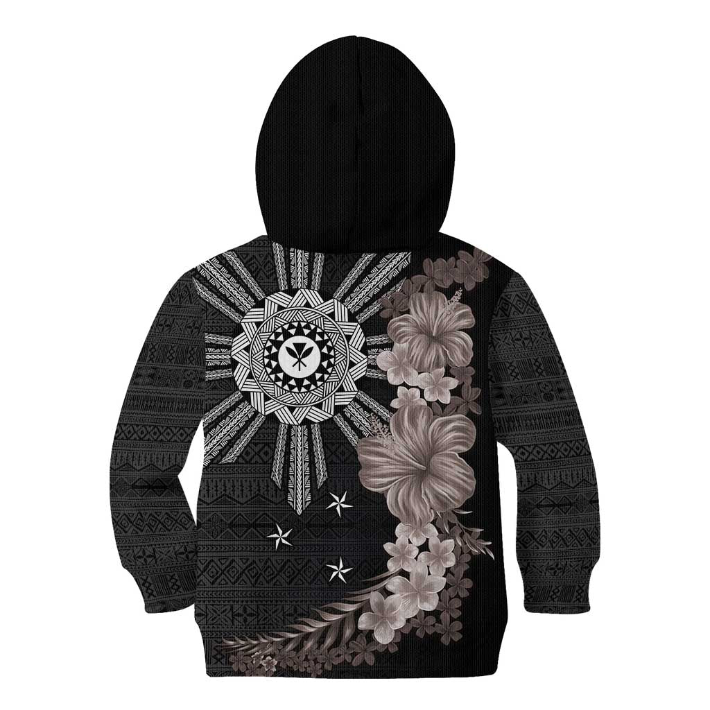 Hawaii and Philippines Together Kid Hoodie Hibiscus Flower and Sun Badge Polynesian Pattern Grayscale LT03 - Polynesian Pride