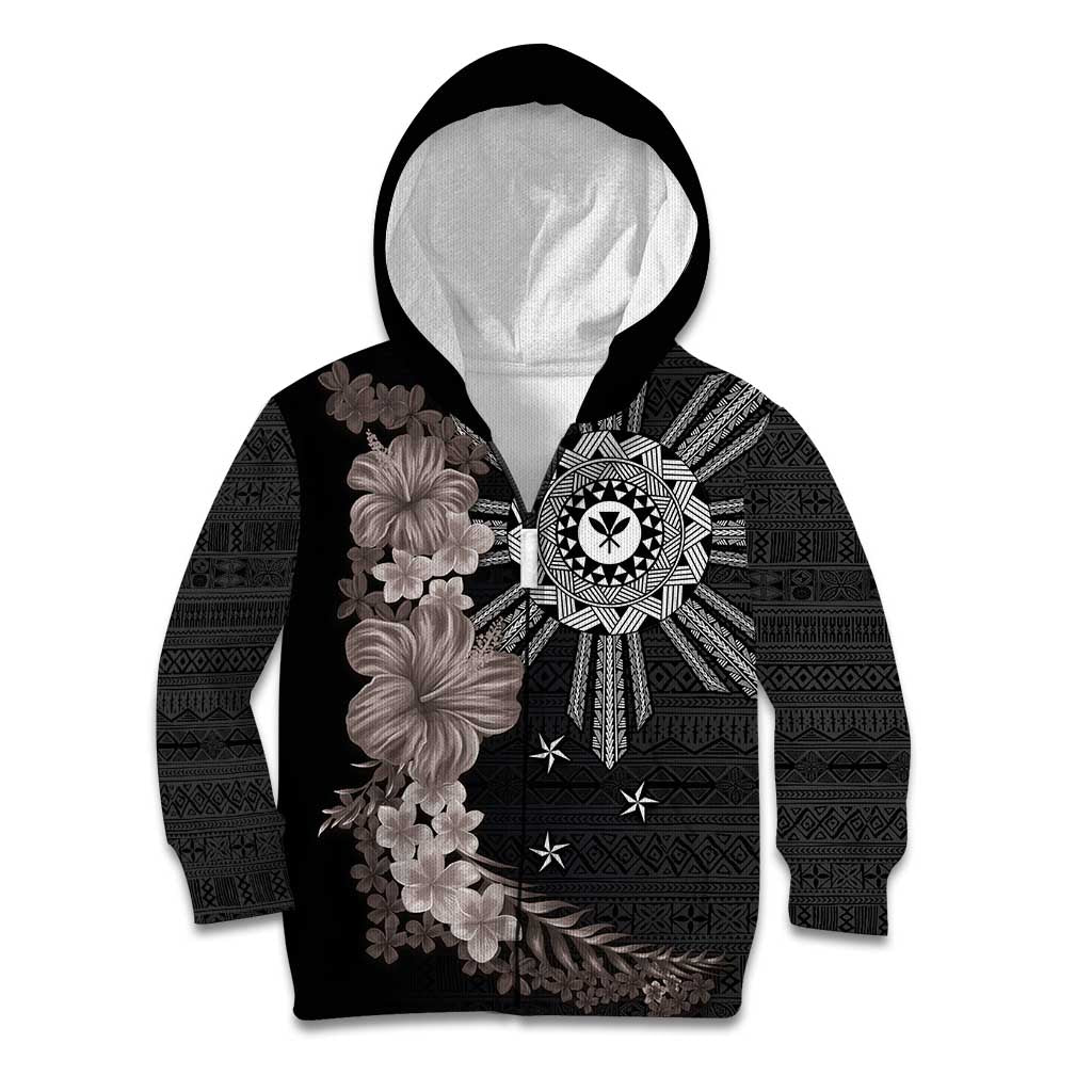 Hawaii and Philippines Together Kid Hoodie Hibiscus Flower and Sun Badge Polynesian Pattern Grayscale LT03 Zip Hoodie Black - Polynesian Pride