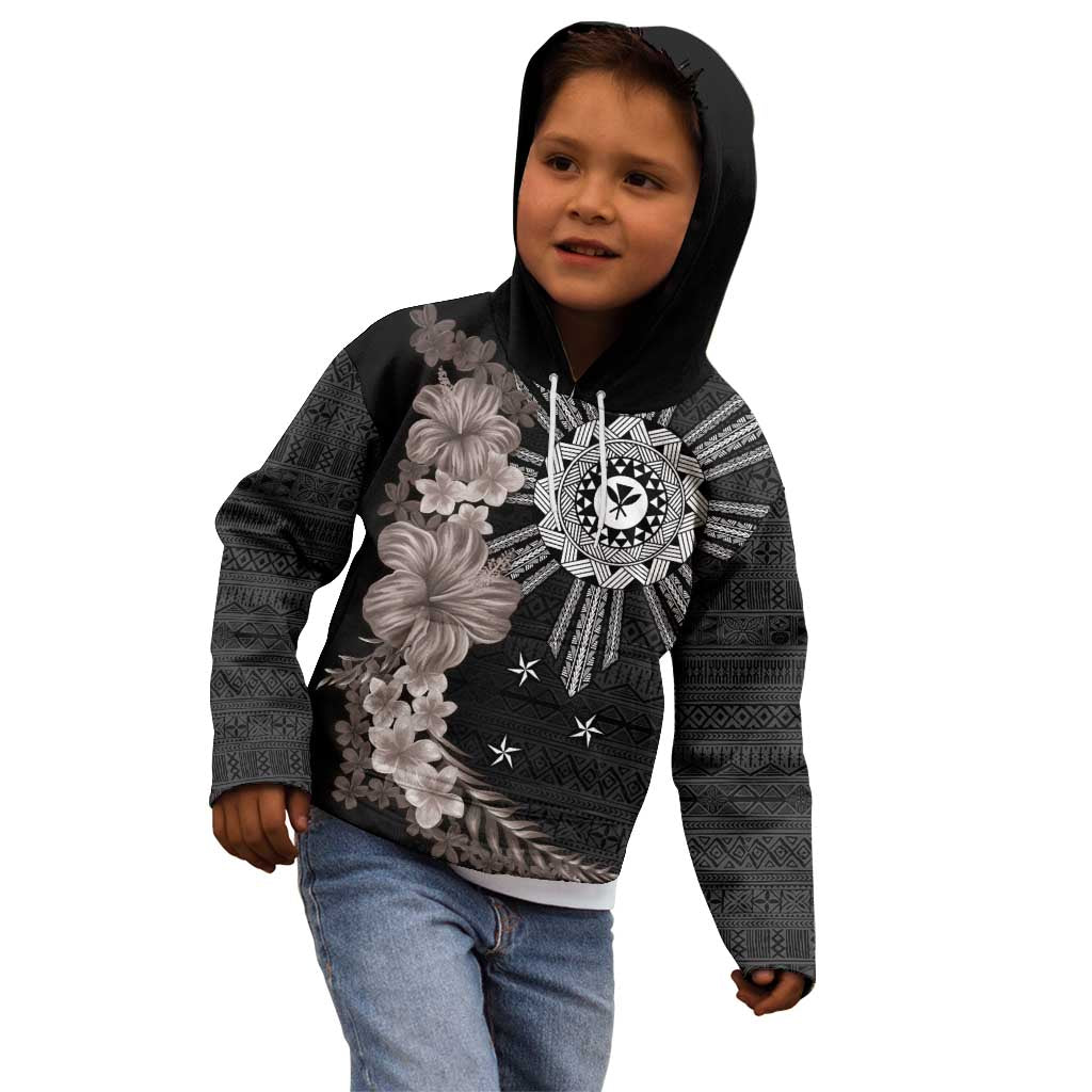 Hawaii and Philippines Together Kid Hoodie Hibiscus Flower and Sun Badge Polynesian Pattern Grayscale LT03 - Polynesian Pride