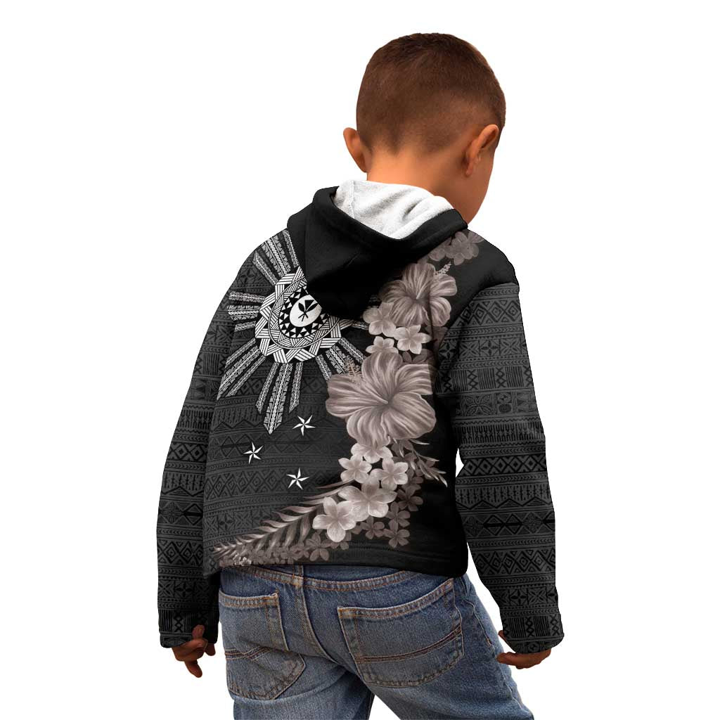 Hawaii and Philippines Together Kid Hoodie Hibiscus Flower and Sun Badge Polynesian Pattern Grayscale LT03 - Polynesian Pride