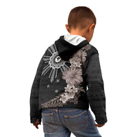 Hawaii and Philippines Together Kid Hoodie Hibiscus Flower and Sun Badge Polynesian Pattern Grayscale LT03 - Polynesian Pride