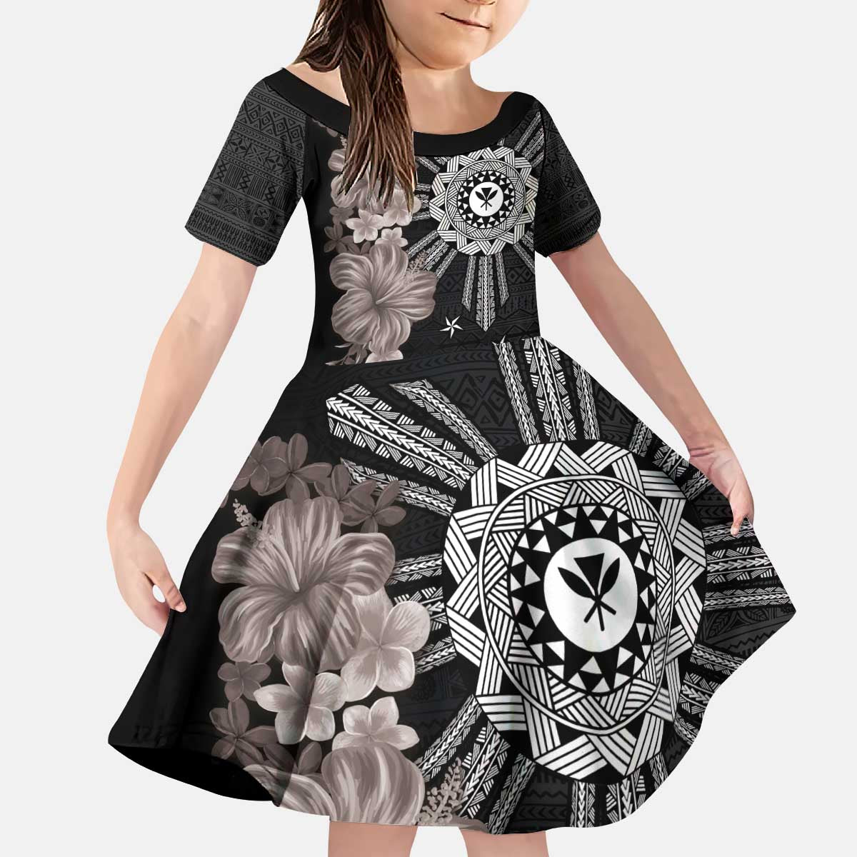 Hawaii and Philippines Together Kid Short Sleeve Dress Hibiscus Flower and Sun Badge Polynesian Pattern Grayscale