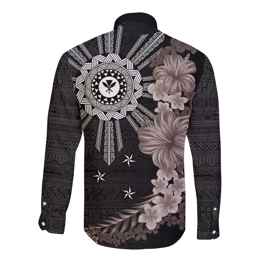 Hawaii and Philippines Together Long Sleeve Button Shirt Hibiscus Flower and Sun Badge Polynesian Pattern Grayscale LT03 - Polynesian Pride