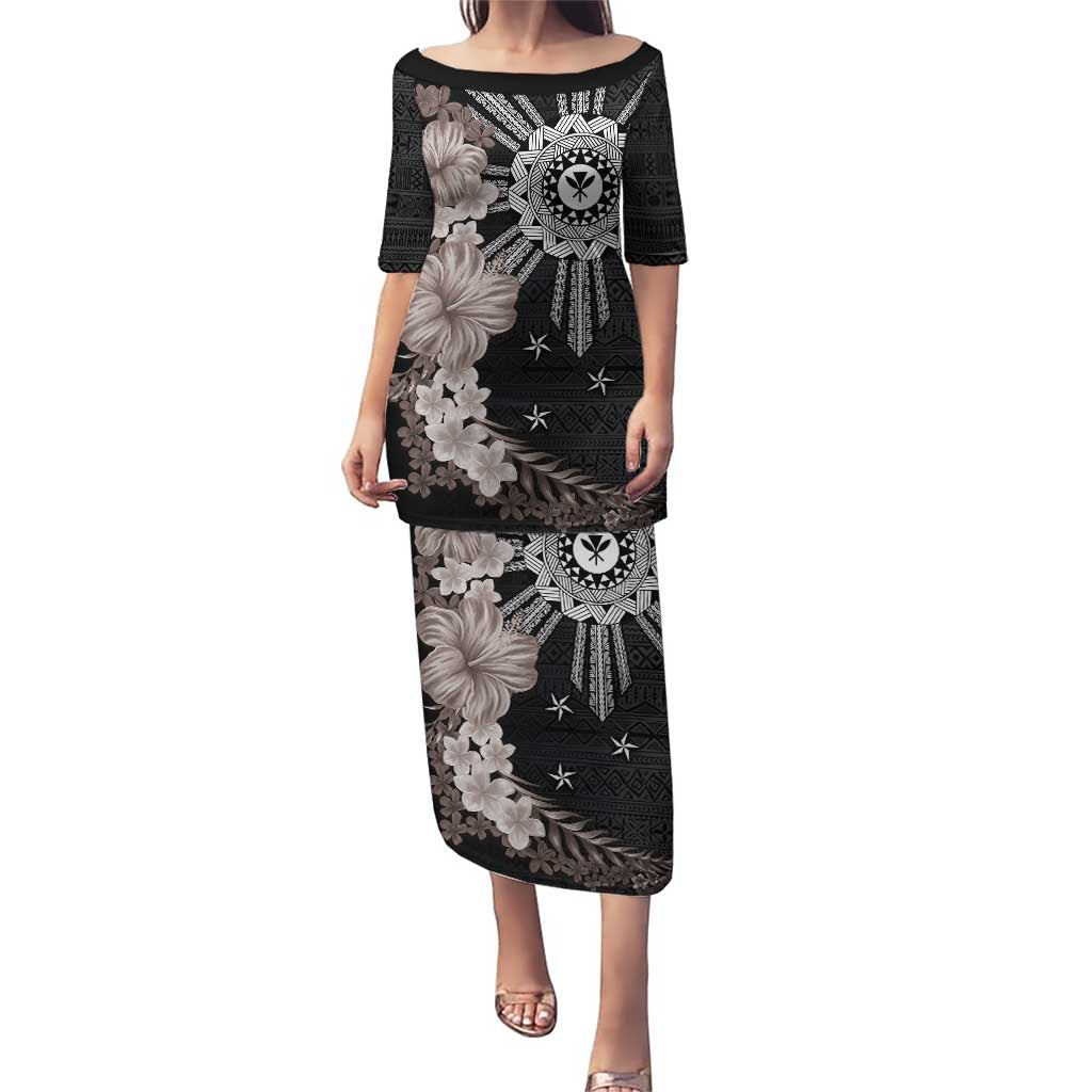 Hawaii and Philippines Together Puletasi Hibiscus Flower and Sun Badge Polynesian Pattern Grayscale