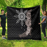 Hawaii and Philippines Together Quilt Hibiscus Flower and Sun Badge Polynesian Pattern Grayscale