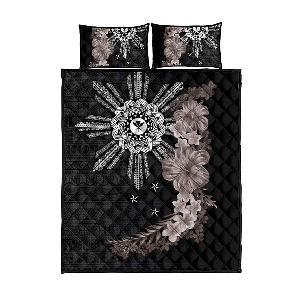 Hawaii and Philippines Together Quilt Bed Set Hibiscus Flower and Sun Badge Polynesian Pattern Grayscale