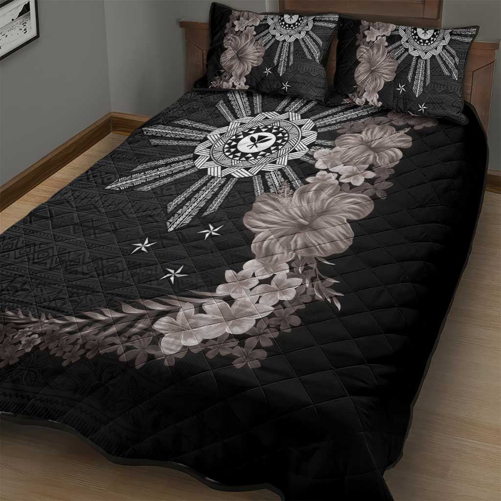 Hawaii and Philippines Together Quilt Bed Set Hibiscus Flower and Sun Badge Polynesian Pattern Grayscale
