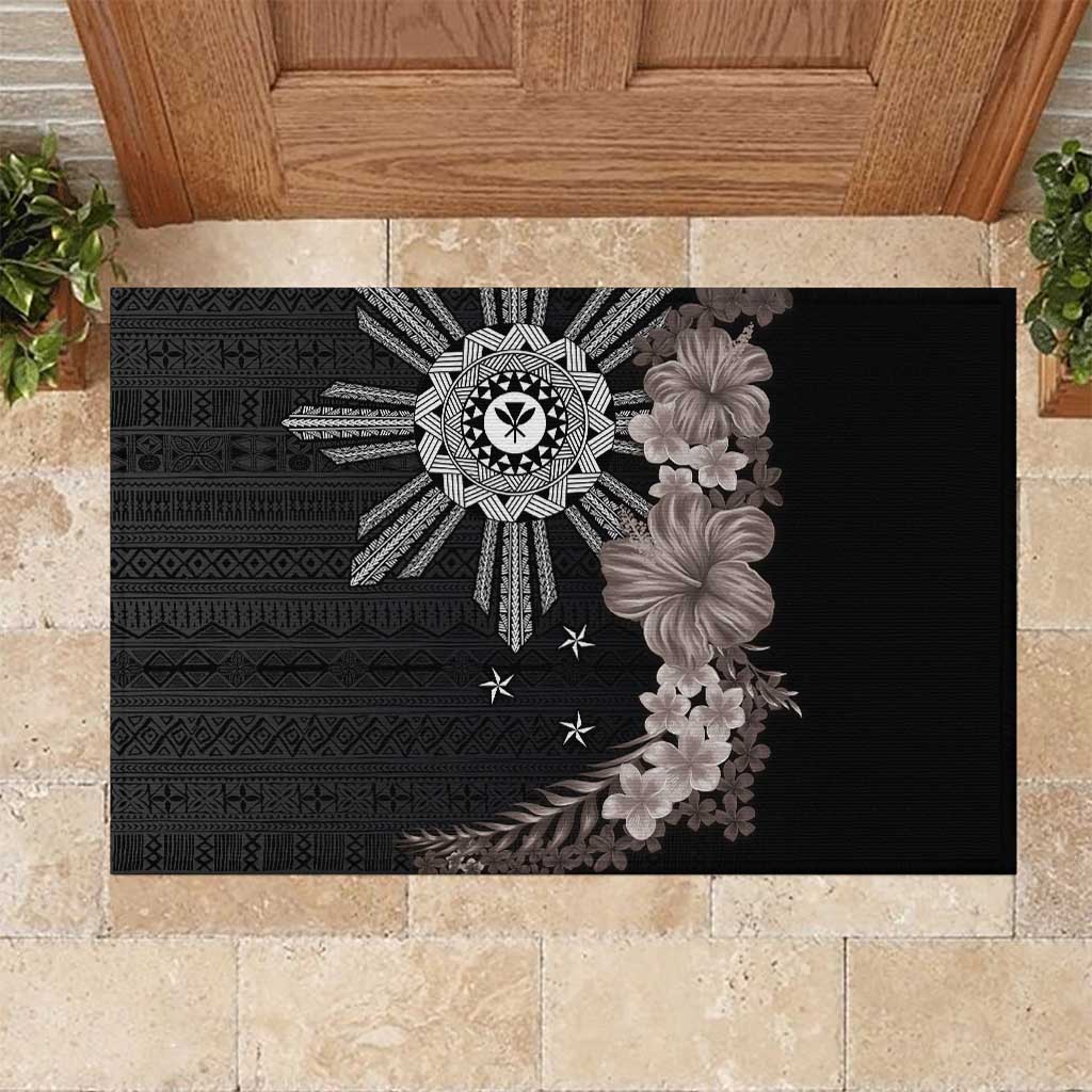 Hawaii and Philippines Together Rubber Doormat Hibiscus Flower and Sun Badge Polynesian Pattern Grayscale