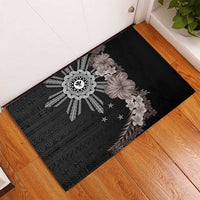 Hawaii and Philippines Together Rubber Doormat Hibiscus Flower and Sun Badge Polynesian Pattern Grayscale