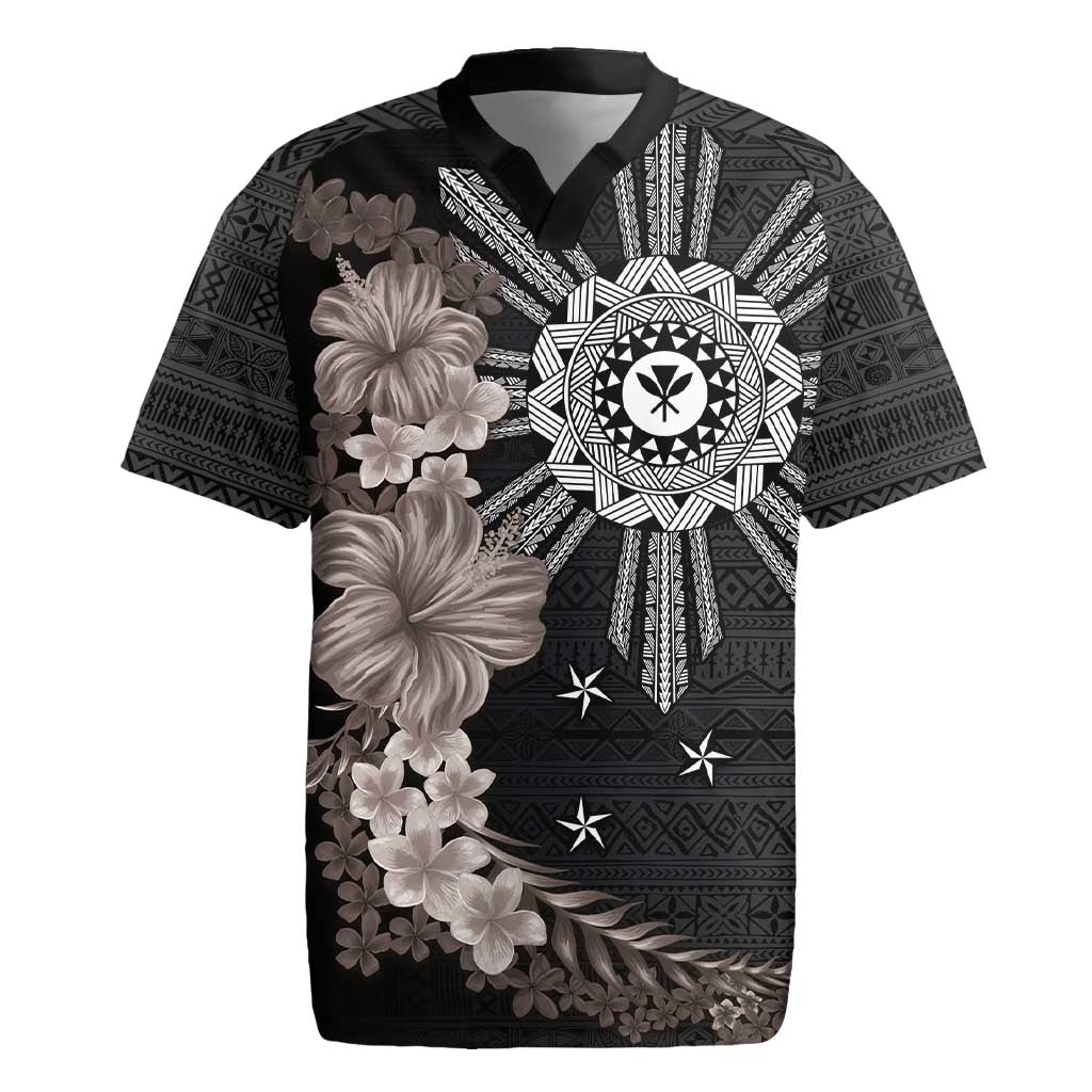 Hawaii and Philippines Together Rugby Jersey Hibiscus Flower and Sun Badge Polynesian Pattern Grayscale