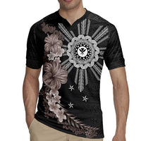 Hawaii and Philippines Together Rugby Jersey Hibiscus Flower and Sun Badge Polynesian Pattern Grayscale