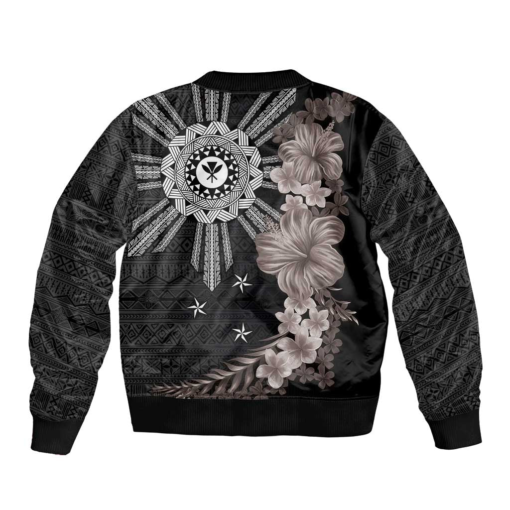 Hawaii and Philippines Together Sleeve Zip Bomber Jacket Hibiscus Flower and Sun Badge Polynesian Pattern Grayscale