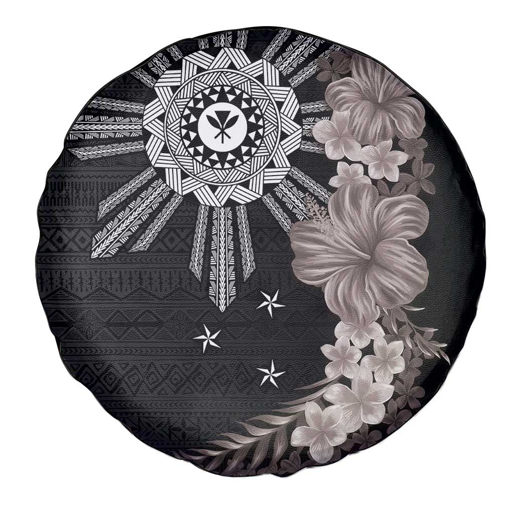 Hawaii and Philippines Together Spare Tire Cover Hibiscus Flower and Sun Badge Polynesian Pattern Grayscale