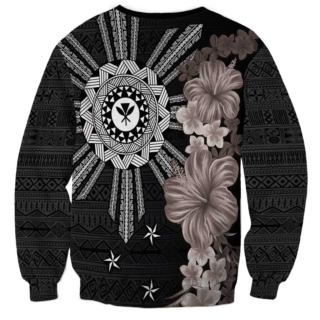 Hawaii and Philippines Together Sweatshirt Hibiscus Flower and Sun Badge Polynesian Pattern Grayscale LT03 - Polynesian Pride