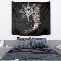 Hawaii and Philippines Together Tapestry Hibiscus Flower and Sun Badge Polynesian Pattern Grayscale