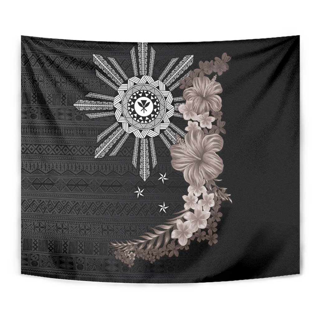 Hawaii and Philippines Together Tapestry Hibiscus Flower and Sun Badge Polynesian Pattern Grayscale