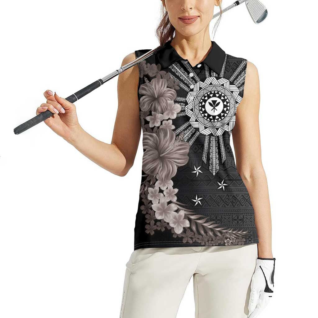 Hawaii and Philippines Together Women Sleeveless Polo Shirt Hibiscus Flower and Sun Badge Polynesian Pattern Grayscale