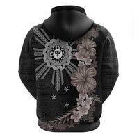 Hawaii and Philippines Together Zip Hoodie Hibiscus Flower and Sun Badge Polynesian Pattern Grayscale
