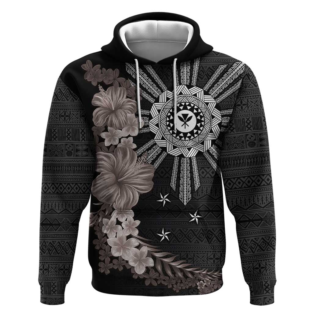 Hawaii and Philippines Together Zip Hoodie Hibiscus Flower and Sun Badge Polynesian Pattern Grayscale