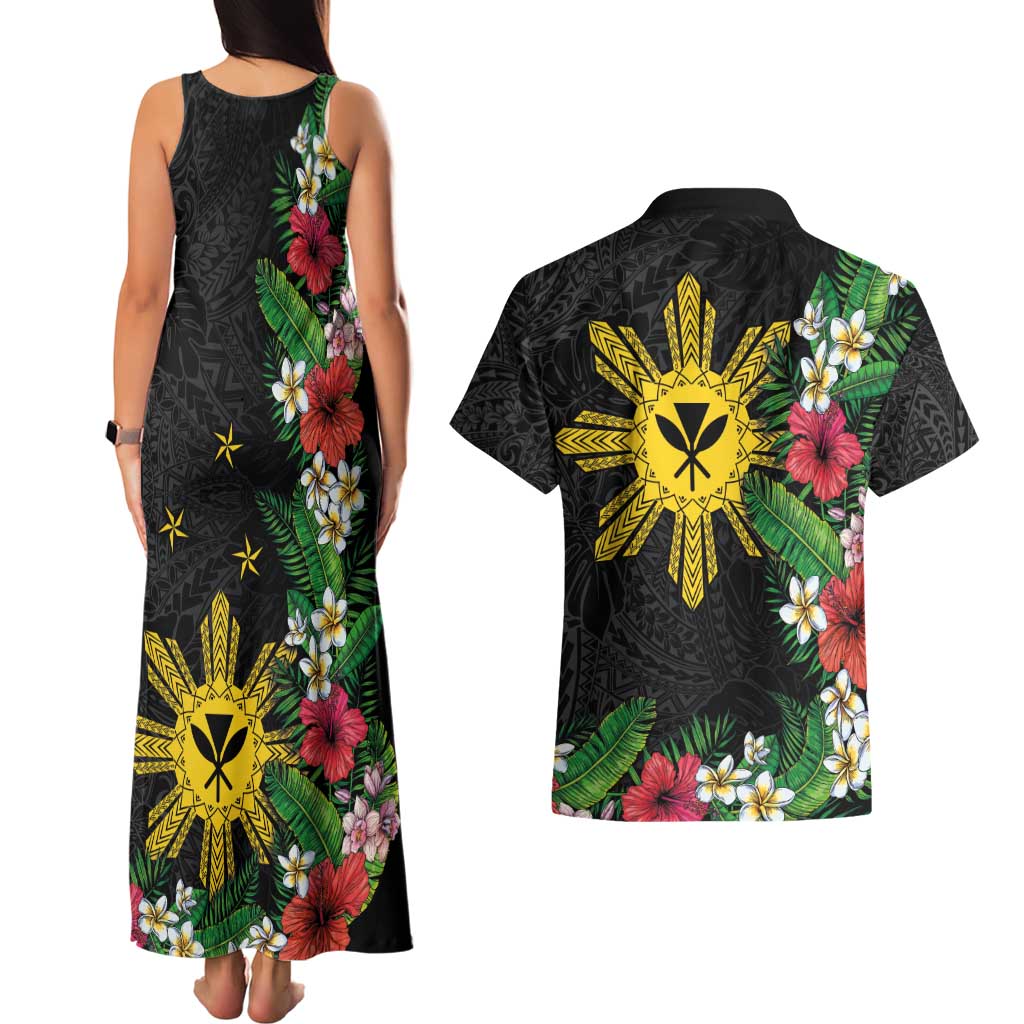 Tropical Hawaii and Philippines Couples Matching Tank Maxi Dress and Hawaiian Shirt Kanaka Maoli and Sun Badge Batok Tattoo Colorful