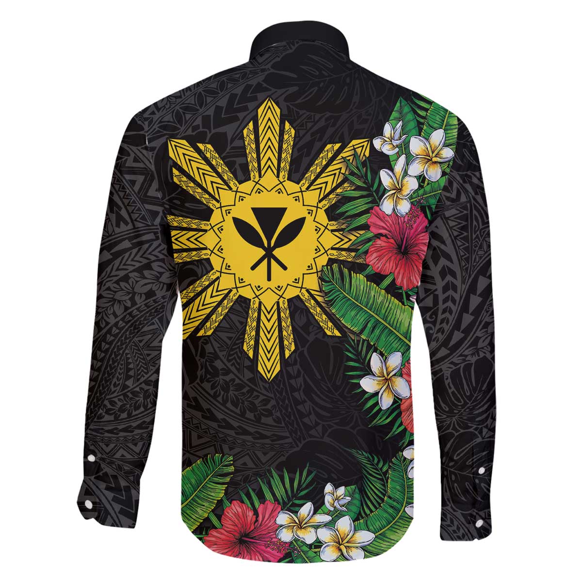 Tropical Hawaii and Philippines Family Matching Off The Shoulder Long Sleeve Dress and Hawaiian Shirt Kanaka Maoli and Sun Badge Batok Tattoo Colorful