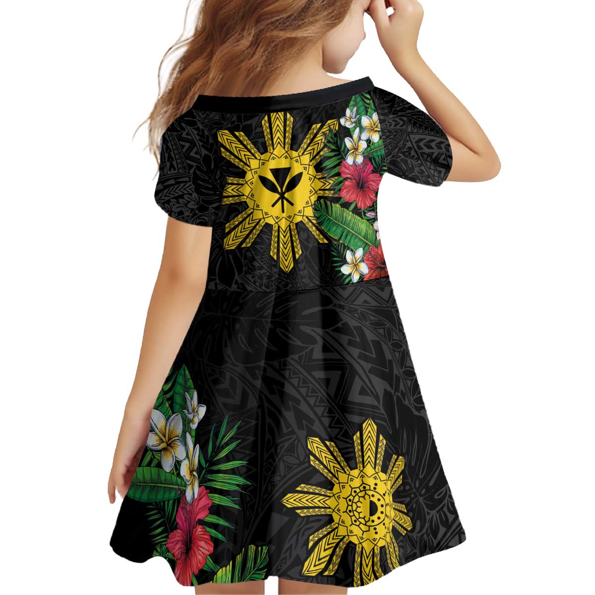 Tropical Hawaii and Philippines Family Matching Off Shoulder Short Dress and Hawaiian Shirt Kanaka Maoli and Sun Badge Batok Tattoo Colorful