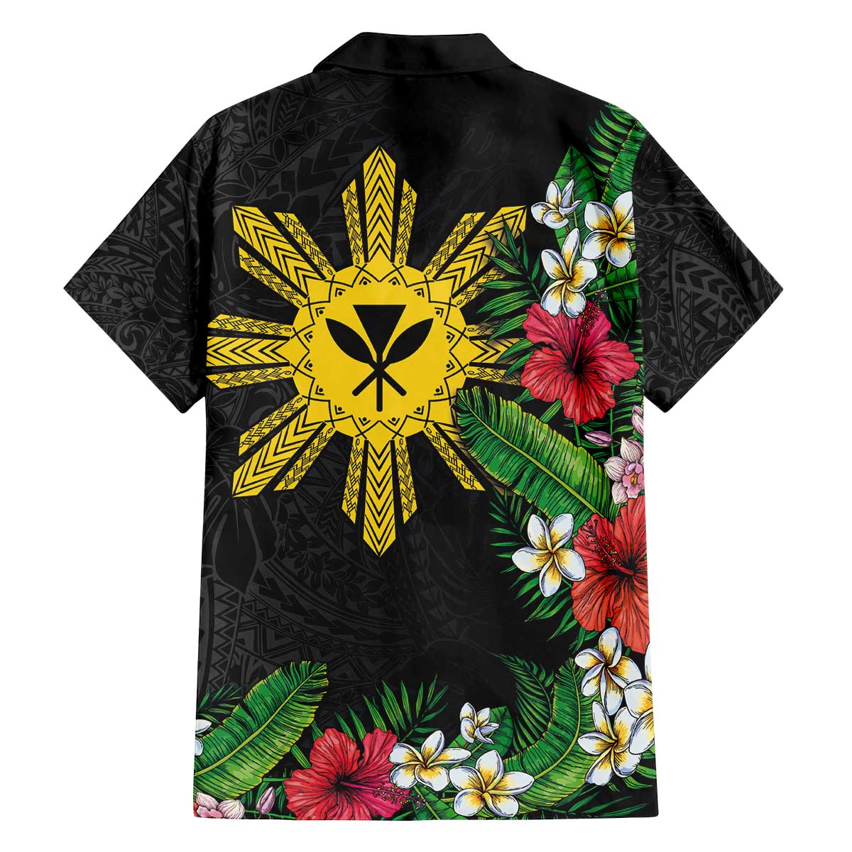 Tropical Hawaii and Philippines Family Matching Off Shoulder Short Dress and Hawaiian Shirt Kanaka Maoli and Sun Badge Batok Tattoo Colorful