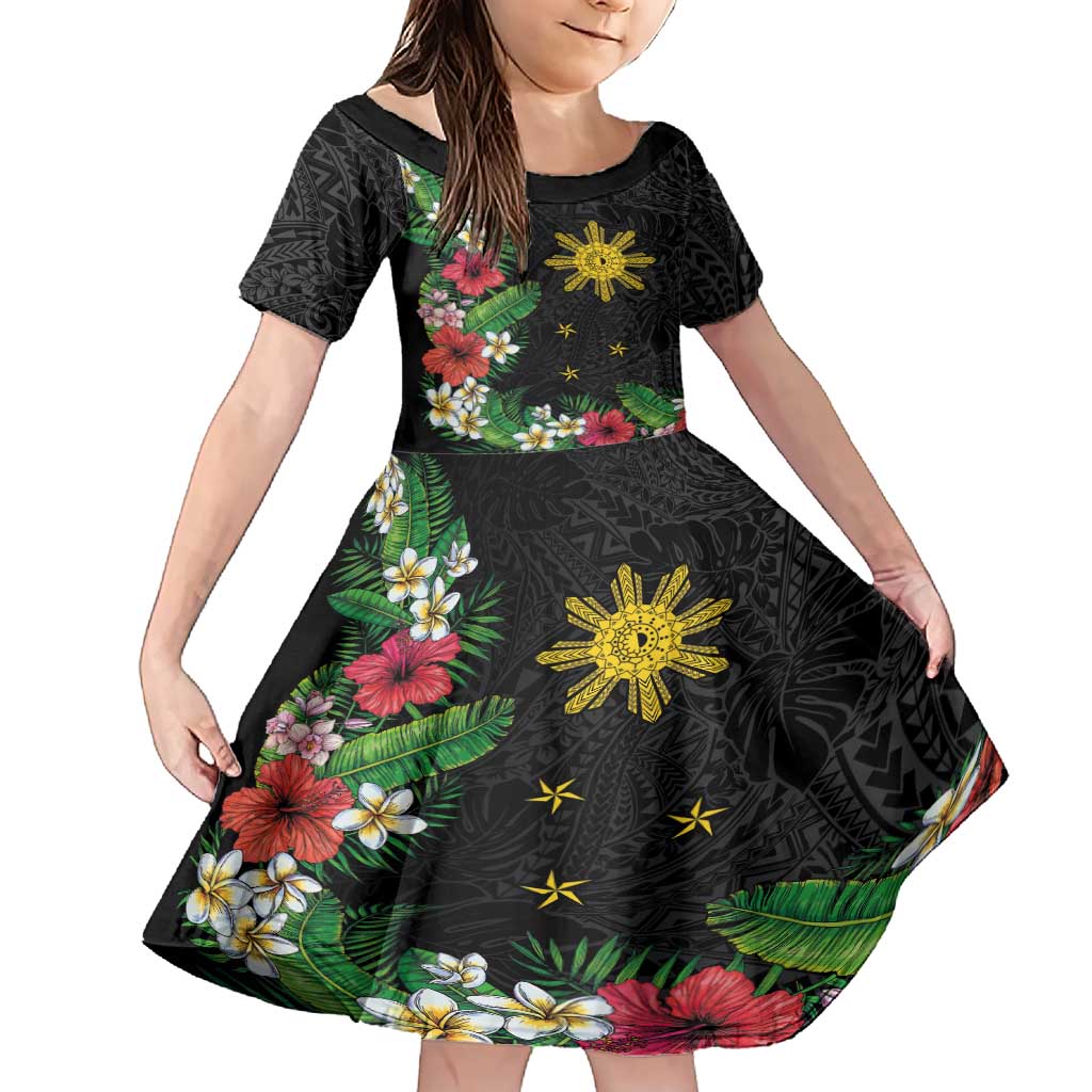 Tropical Hawaii and Philippines Family Matching Short Sleeve Bodycon Dress and Hawaiian Shirt Kanaka Maoli and Sun Badge Batok Tattoo Colorful