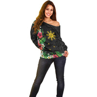 Tropical Hawaii and Philippines Off Shoulder Sweater Kanaka Maoli and Sun Badge Batok Tattoo Colorful