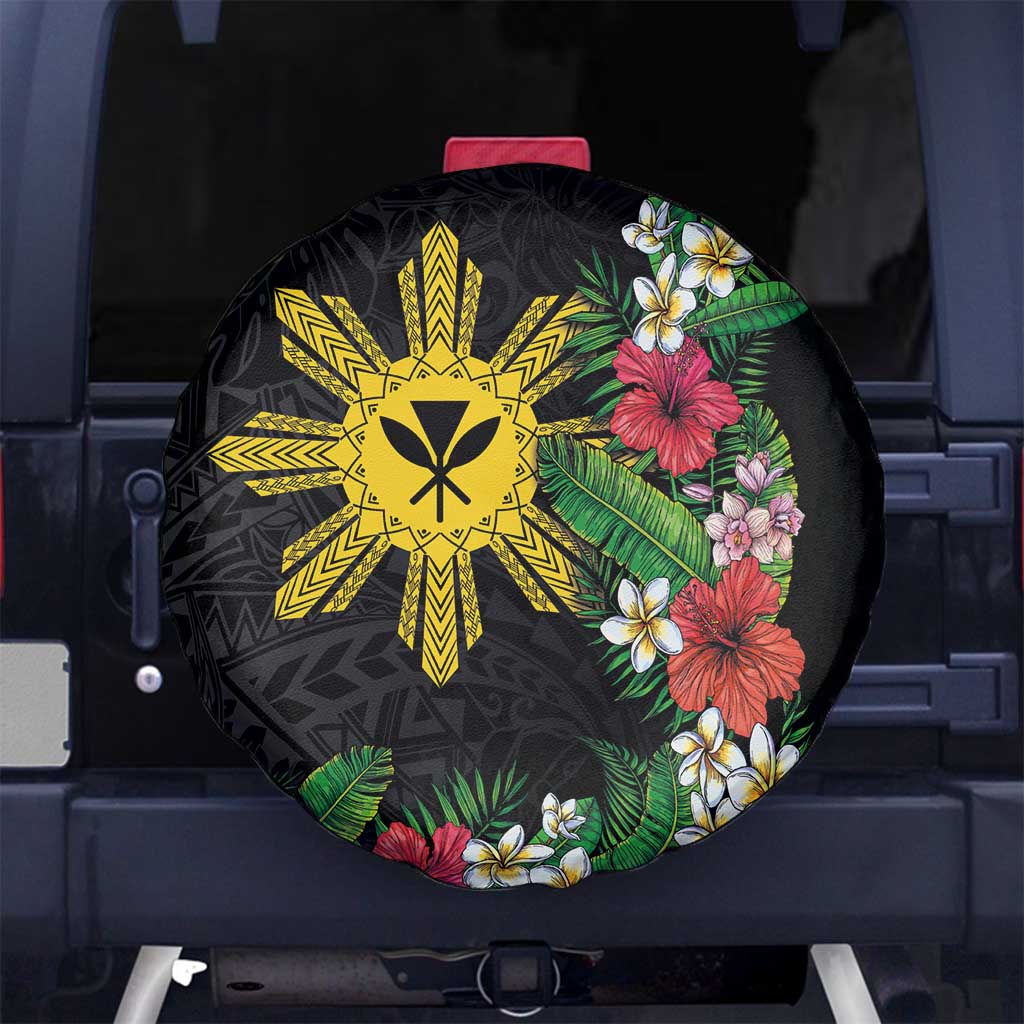 Tropical Hawaii and Philippines Spare Tire Cover Kanaka Maoli and Sun Badge Batok Tattoo Colorful