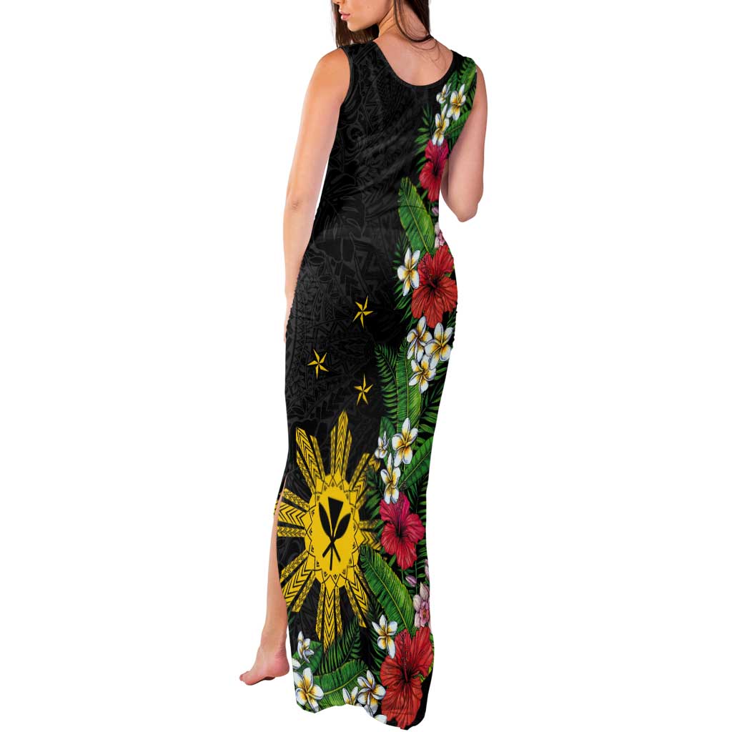 Tropical Hawaii and Philippines Tank Maxi Dress Kanaka Maoli and Sun Badge Batok Tattoo Colorful