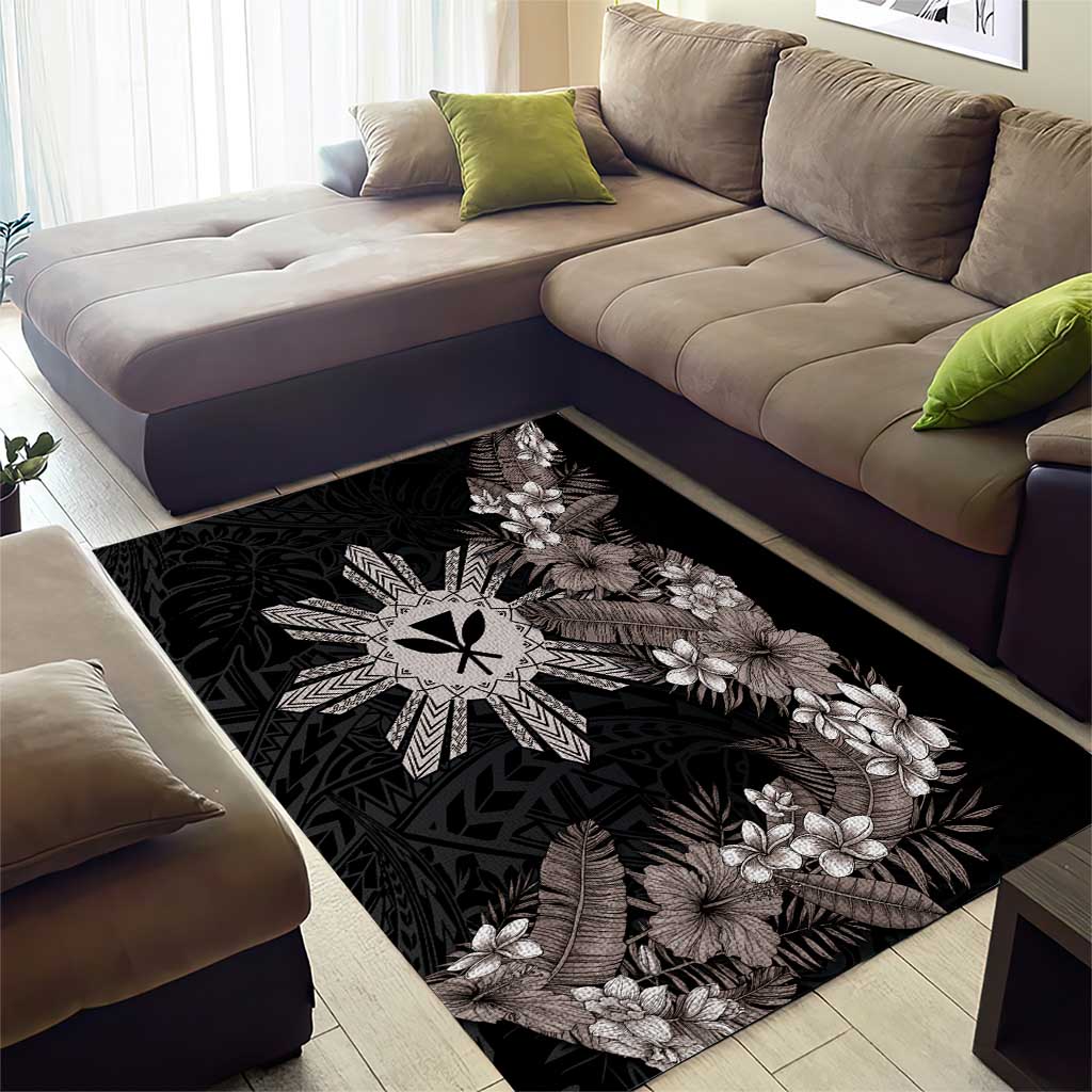 Tropical Hawaii and Philippines Area Rug Kanaka Maoli and Sun Badge Batok Tattoo Grayscale