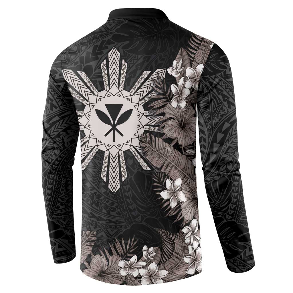 Tropical Hawaii and Philippines Button Sweatshirt Kanaka Maoli and Sun Badge Batok Tattoo Grayscale