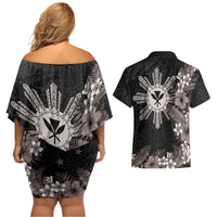 Tropical Hawaii and Philippines Couples Matching Off Shoulder Short Dress and Hawaiian Shirt Kanaka Maoli and Sun Badge Batok Tattoo Grayscale
