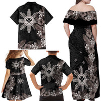 Tropical Hawaii and Philippines Family Matching Off Shoulder Maxi Dress and Hawaiian Shirt Kanaka Maoli and Sun Badge Batok Tattoo Grayscale
