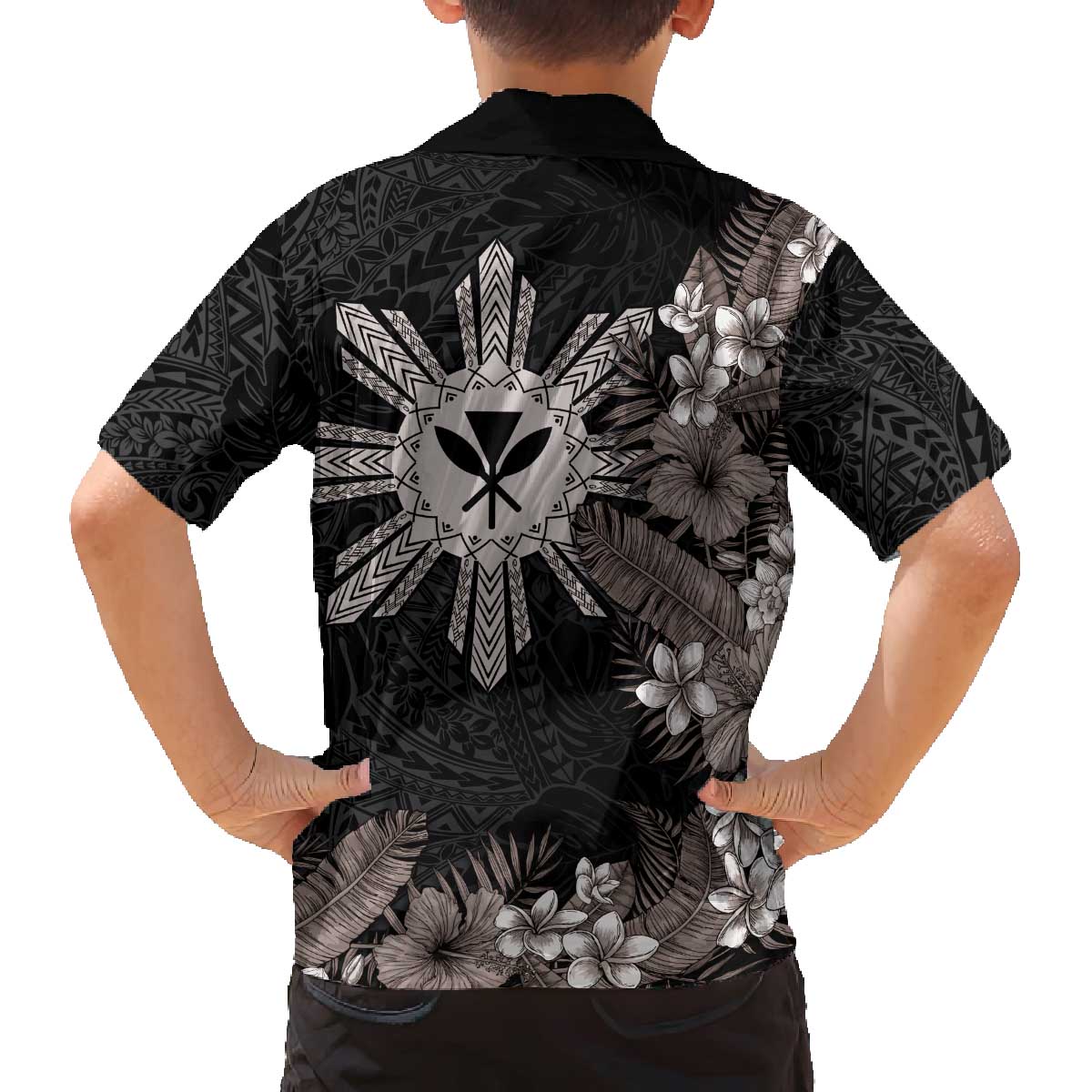 Tropical Hawaii and Philippines Family Matching Off Shoulder Short Dress and Hawaiian Shirt Kanaka Maoli and Sun Badge Batok Tattoo Grayscale