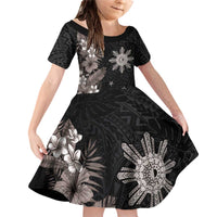 Tropical Hawaii and Philippines Family Matching Off Shoulder Short Dress and Hawaiian Shirt Kanaka Maoli and Sun Badge Batok Tattoo Grayscale