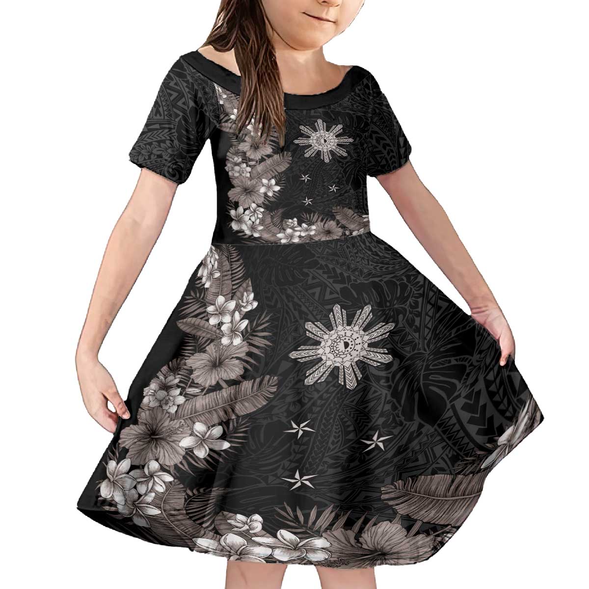 Tropical Hawaii and Philippines Family Matching Puletasi and Hawaiian Shirt Kanaka Maoli and Sun Badge Batok Tattoo Grayscale