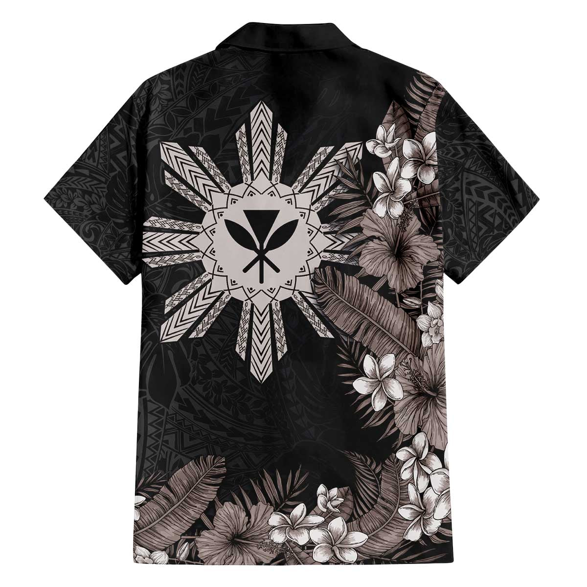 Tropical Hawaii and Philippines Family Matching Puletasi and Hawaiian Shirt Kanaka Maoli and Sun Badge Batok Tattoo Grayscale