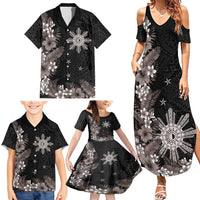 Tropical Hawaii and Philippines Family Matching Summer Maxi Dress and Hawaiian Shirt Kanaka Maoli and Sun Badge Batok Tattoo Grayscale