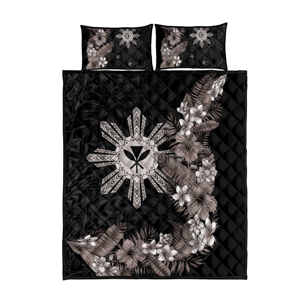 Tropical Hawaii and Philippines Quilt Bed Set Kanaka Maoli and Sun Badge Batok Tattoo Grayscale